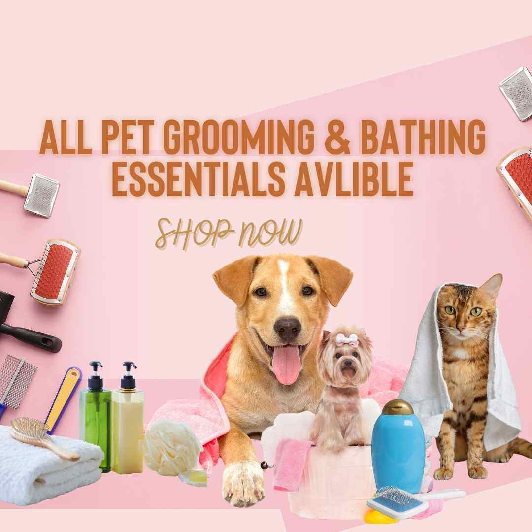 Promotional banner for pet grooming and bathing essentials with a pink background, featuring dogs and cats.