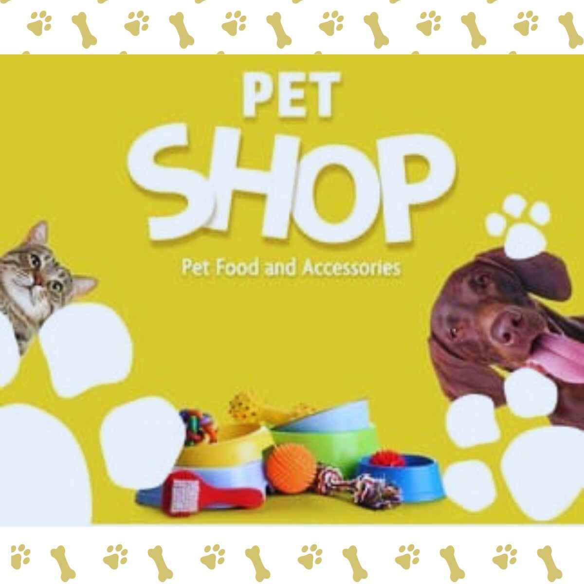 Advertisement for a pet shop with a yellow background, featuring a dog, cat, and pet food and accessories.
