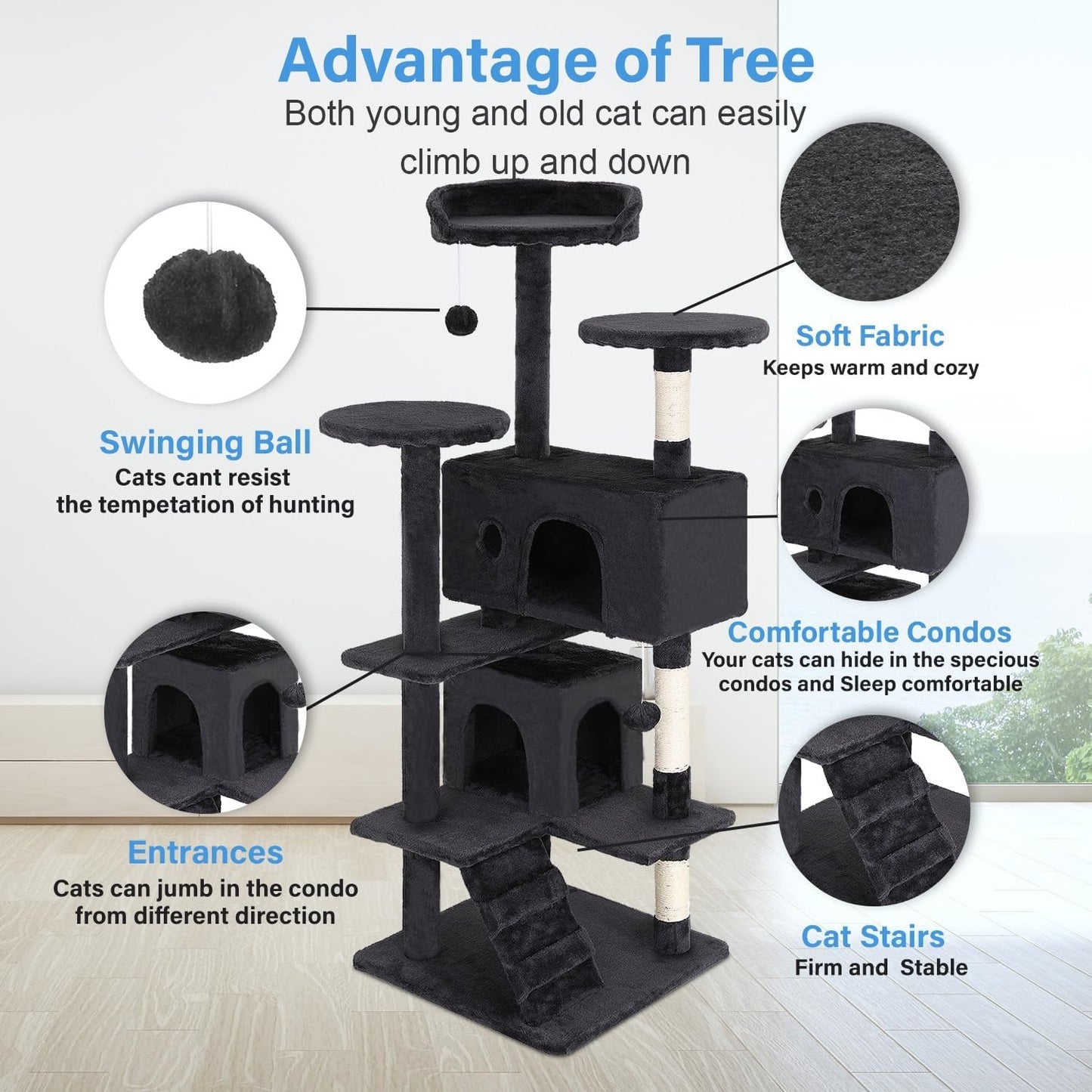 54-Inch Cat Tree Tower – Multi-Level Condo & Scratching Post
